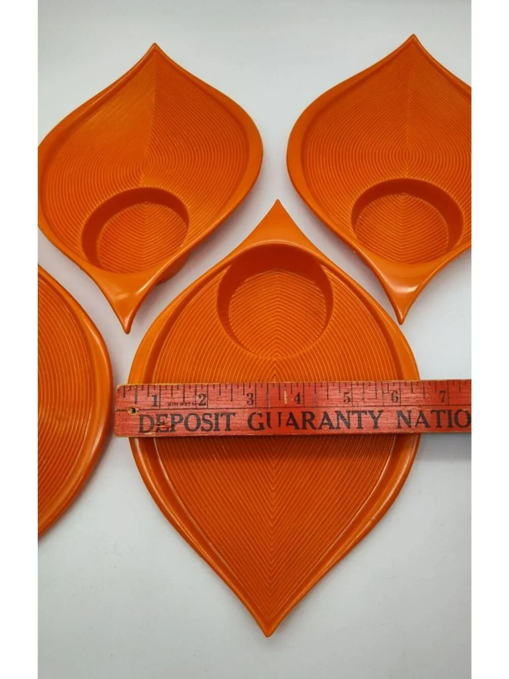 4 Vintage MCM Orange Snack Plates, Plastic Chip Dip Trays Atomic Kitchen Decor